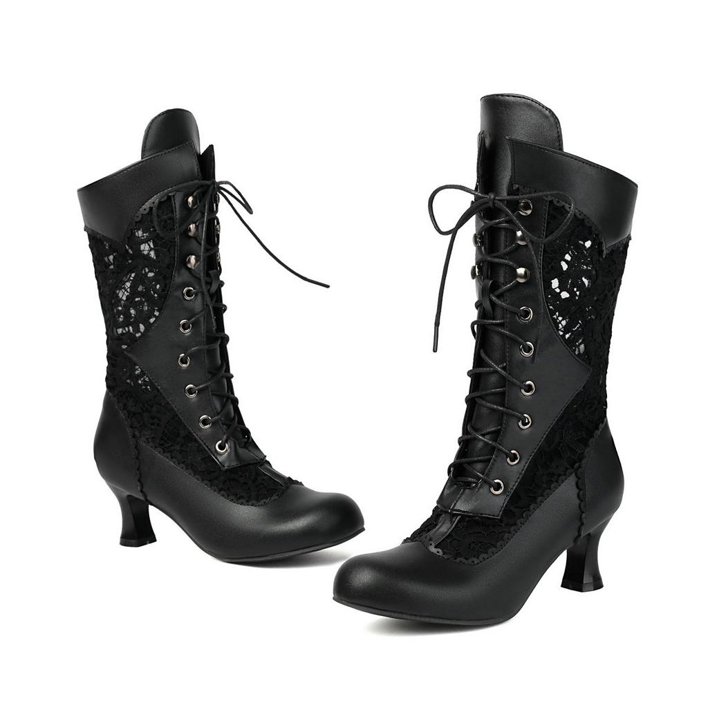 Осенне-зимние винтажные женские викторианские сапоги на шнуровке с высоким каблуком, ботильоны с оборками, обувь для косплея принцессы Лолиты для вечеринки