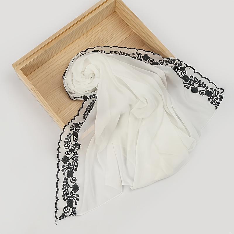 1pc Women'S Solid Color Pearl Chiffon Scarf With Clover Embroidery And Lace Trim, Fashionable And Elegant Headscarf For Malaysia And Indonesia