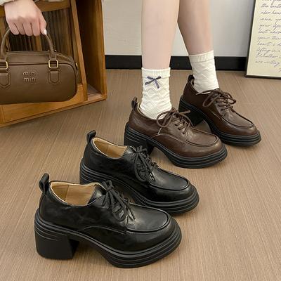 Версия из овчины~ Британский стиль ретро круглый носок на шнуровке толстый каблук одинарные туфли для работы универсальные черные маленькие кожаные туфли женские лоферы