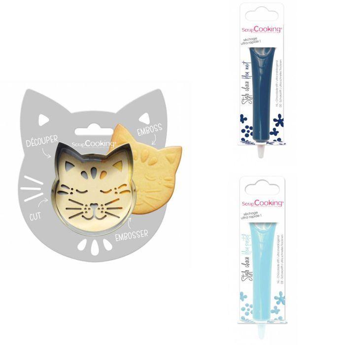 Cat Embossed Biscuit Kit + 2 Midnight Blue and Pastel Blue Chocolate Pens