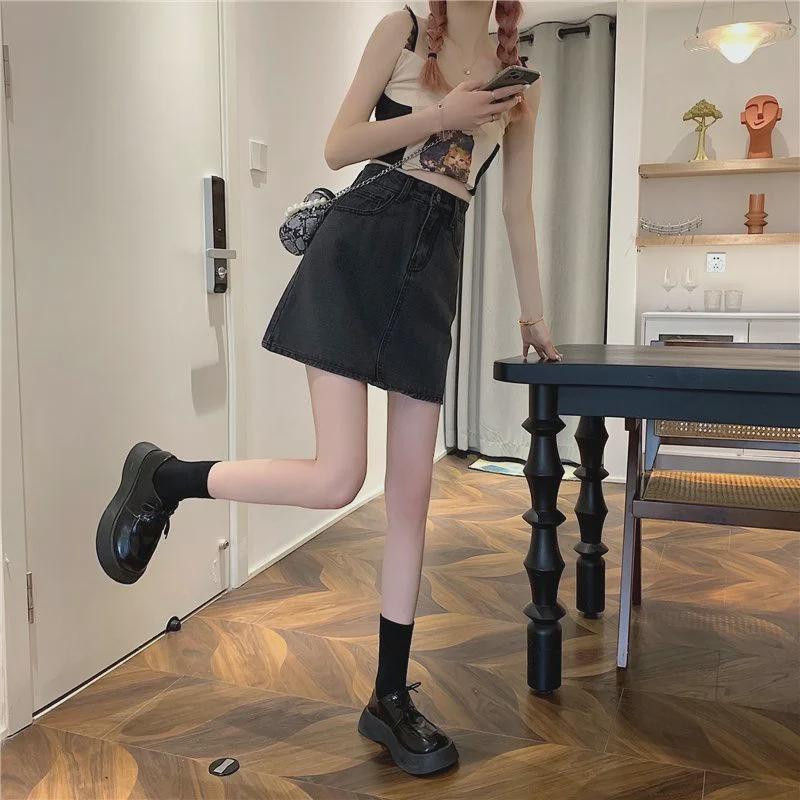 Женская джинсовая юбка-трапеция с высокой талией, лето 2022 г. - модный стиль в черном и сером цвете