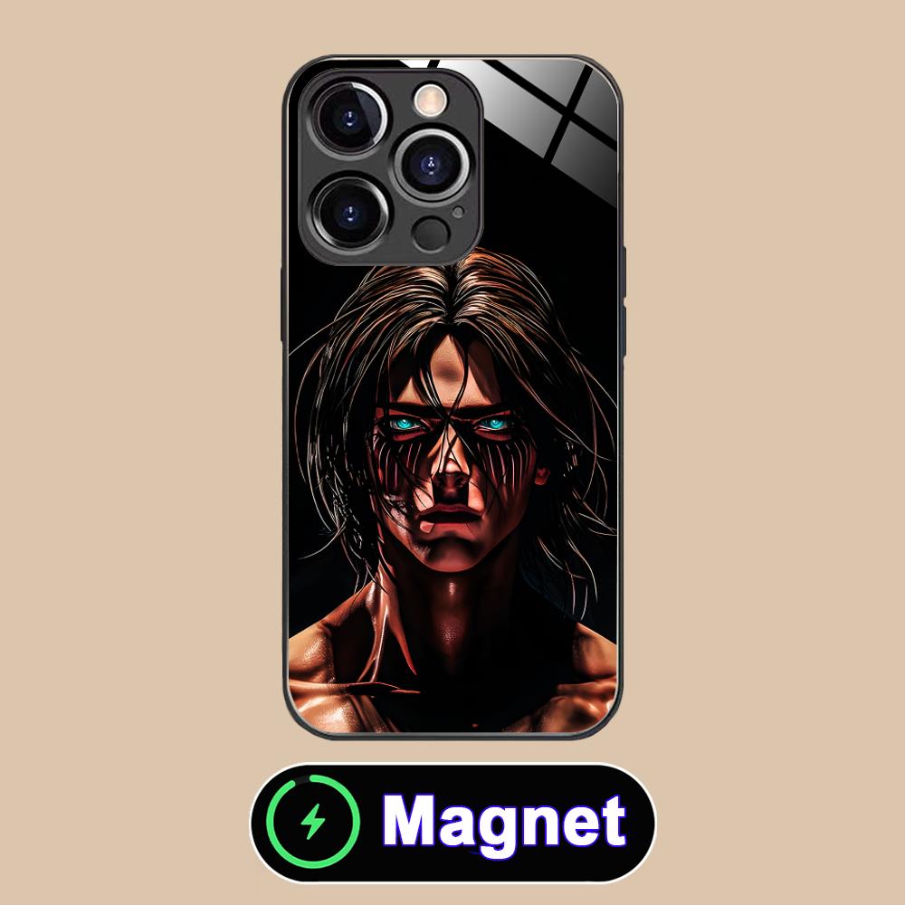 Стеклянный чехол AOT Eren Yeager MagSafe для мобильного телефона iPhone 17 16 15 14 13 12 11 Air Pro Max Plus Mini Цветная крышка