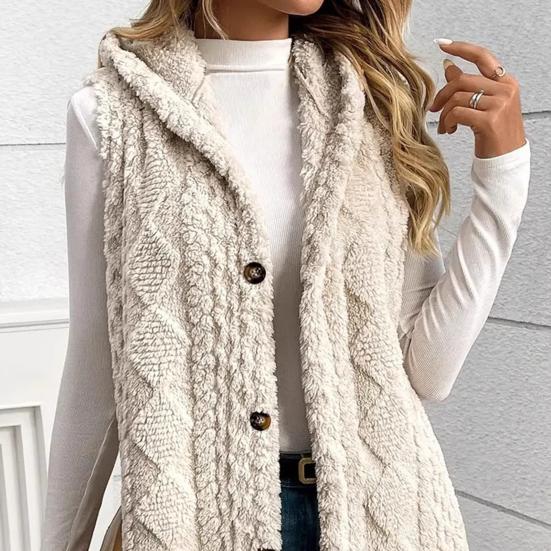 Women's Sleeveless Hoodie Coat Button Down Faux Fur Fuzzy Coat Oversized Textured Hooded Vest Fall Outerwear