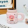 Girls' Cute Ceramic Cup Household Suit Mug Small Monster Water Cup Mirror Cup with Lid Simple and High Appearance