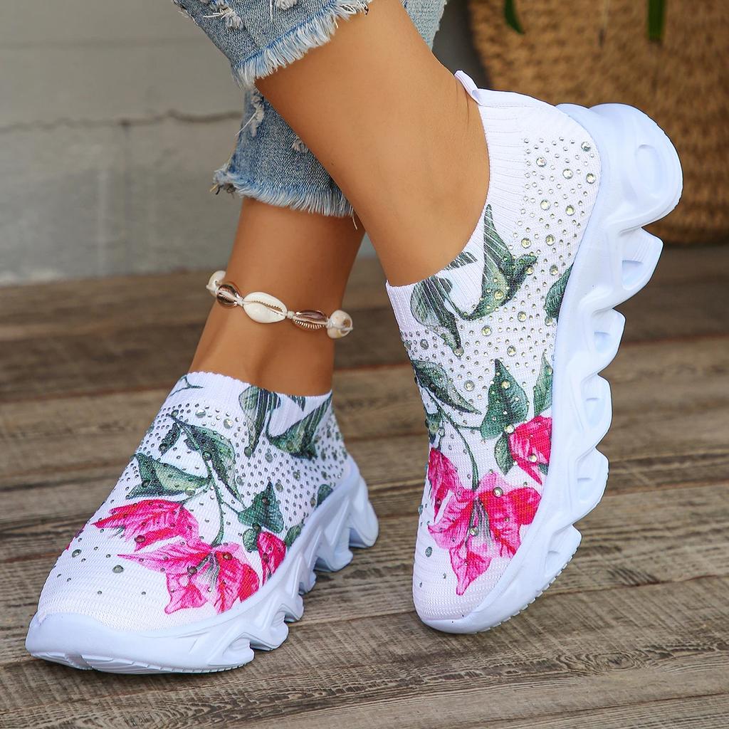Fashion Women's Print Flower Platform Sneakers Crystal Lightweight Running Shoes for Women Breathable Knitting Sports Shoes Woman 2025