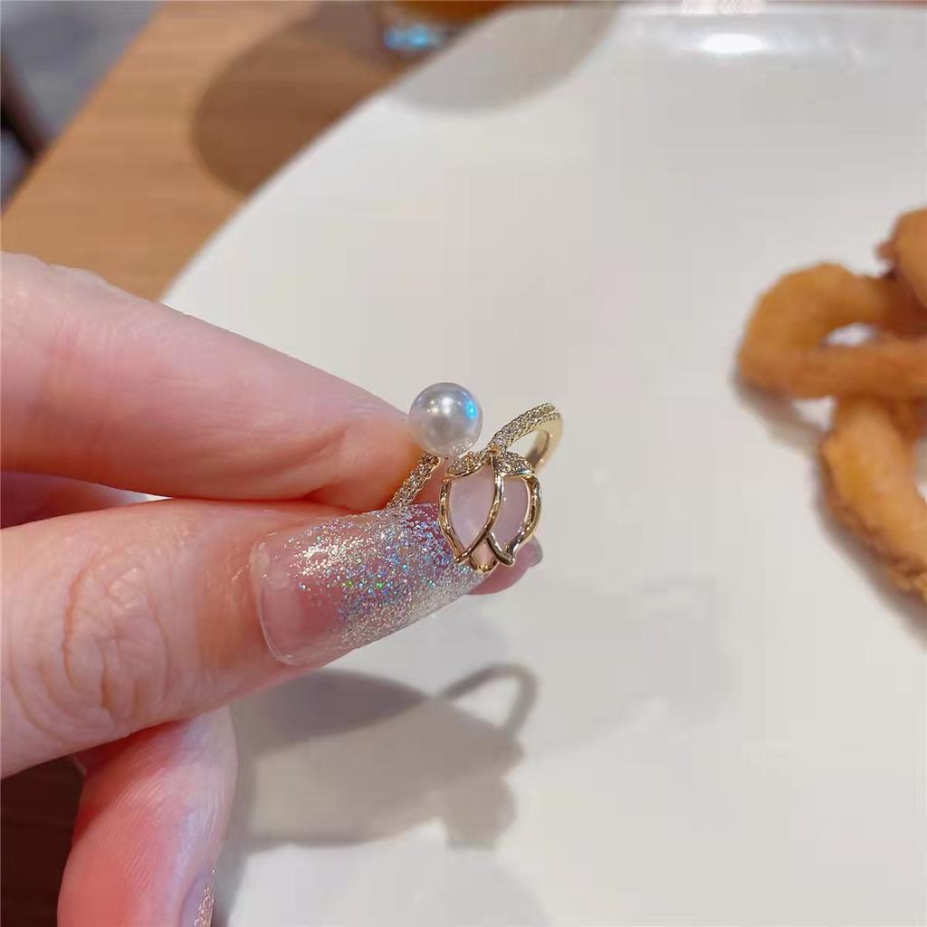 Женское кольцо с цветком тюльпана и жемчугом, модное темпераментное открытое кольцо, элегантные ювелирные изделия