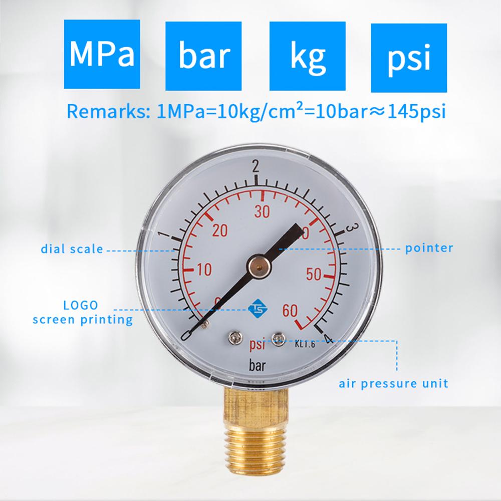 TS-50-4bar 50mm Manometer 0-60psi/0-4bar Dual Scale Water Pressure Dial 1/4 NPT Hydraulic Pressure Gauge