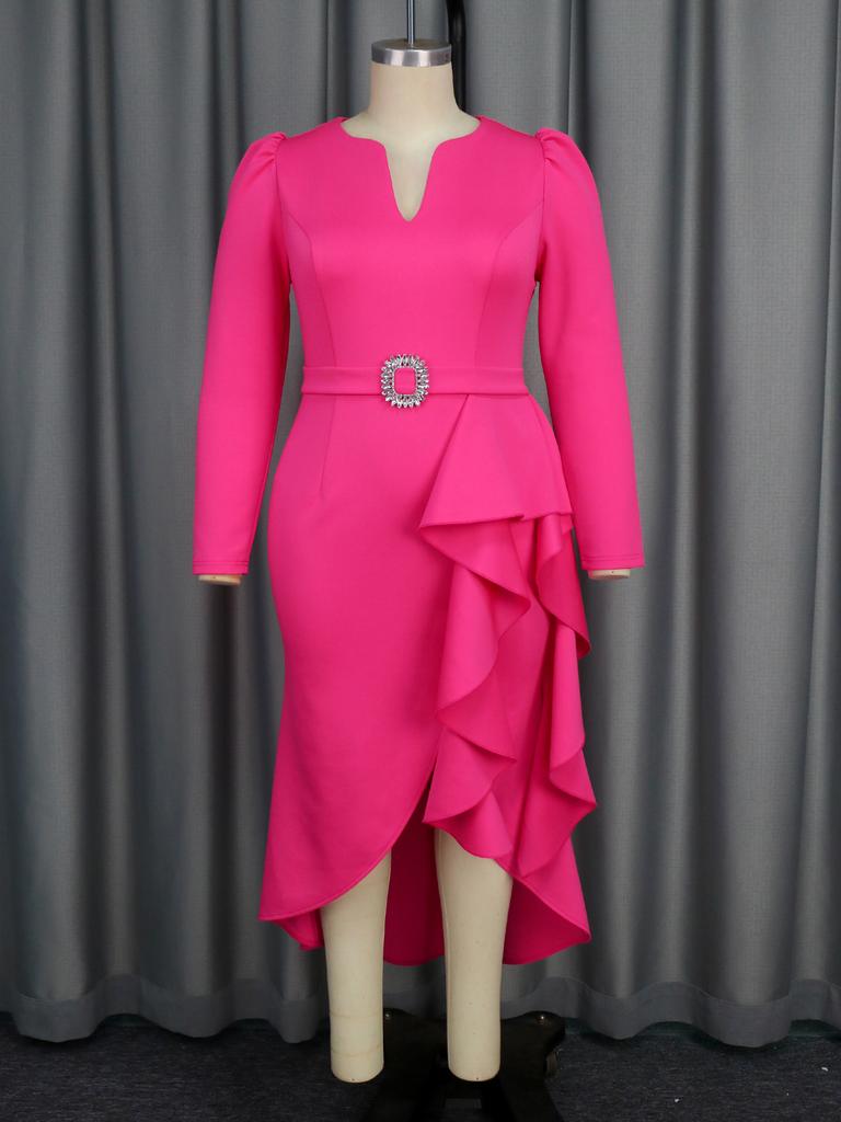 AOMEI Fuchsia V Neck Hem Flounced Dresses Long Sleeve High Waist Irregular Women Party Midi Gowns