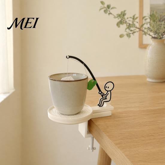 Tea Bag Drip Catcher Fishing Man Holder with Coaster, Cute Stick Figure Minimalist Anti-drip Coaster Holder, Funny Desk Cup Catcher, Novelty Accessory