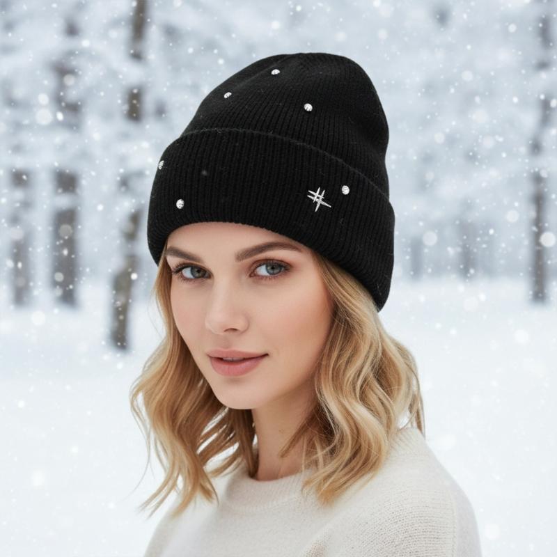 Acrylic Fibre Knitted Brimless Hat with Rhinestones Decors Winter Warm Skull Cap For Women Teens Girl Daily Outfit
