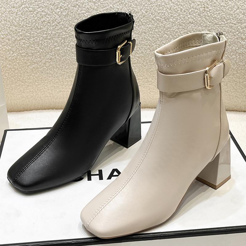 Горячие продажи однотонные универсальные зимние женские ботильоны с квадратным носком на молнии женские элегантные короткие сапоги на толстом высоком каблуке