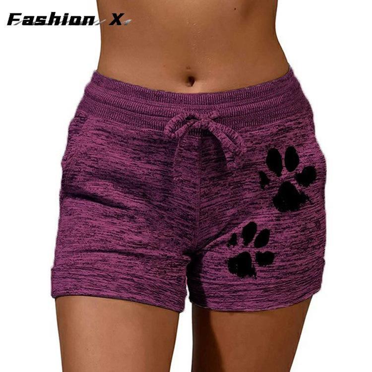 Women's Shorts High Waist Cat Paw Printed Drawstring Sport Shorts