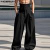Men High Waist Zipper Button Up Straight Pants Solid Loose Casual Long Trousers
