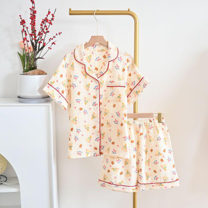 Женский летний пижамный комплект из чистого хлопка - Милый, Дышащий, с коротким рукавом и шортами