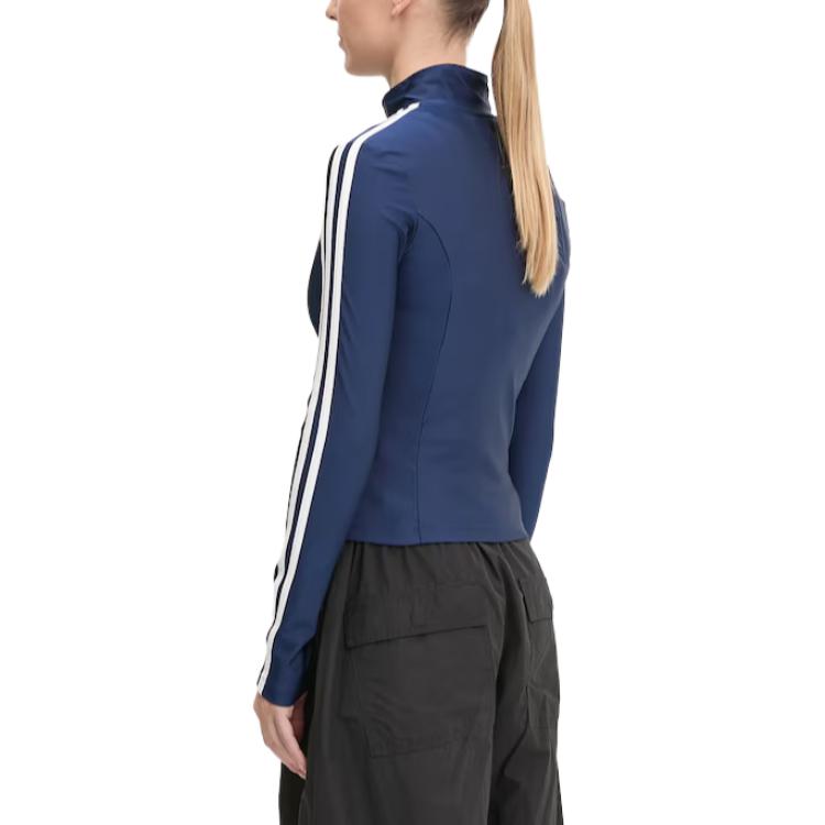 adidas Оригинальная женская куртка-жакет Originals с полосками, воротником-стойкой, молнией, длинным рукавом, приталенная, цвет полуночный синий JD5023
