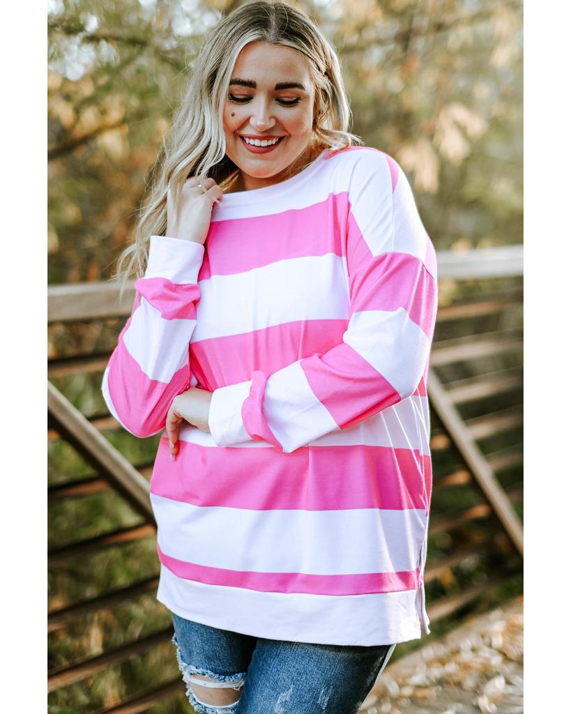 Azura Exchange Pink Striped Side Slit Plus Size Sweatshirt