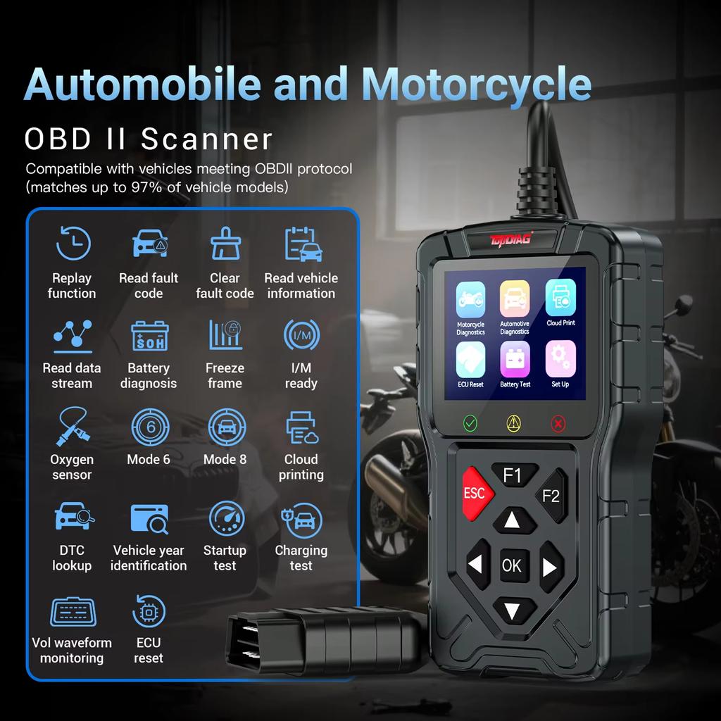 Latest Topdiag M60 Fault Code Reader for Motorcycle and Vehicle OBD2 Scanner ECU Reset Automotive DTC Lookup Car Diagnostic Tool