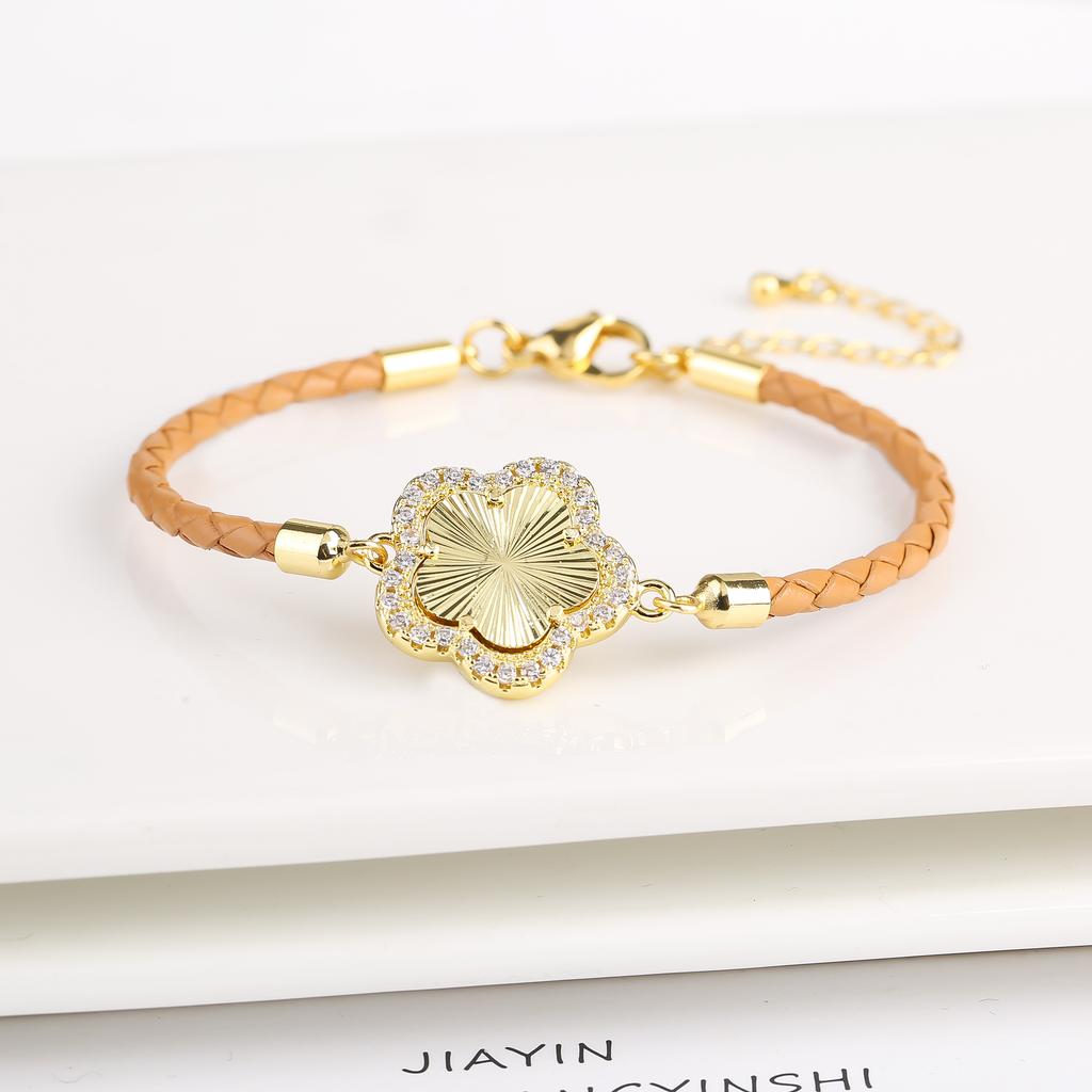 INS Hot Sale Shiny Zirconia Five-Leaf Flower Leather Adjustable Bracelet Classic Stone Plumeria Bracelet For Woman Jewelry Gift