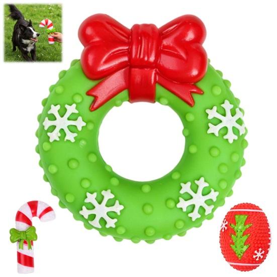Puppy Teething Relief Supplies Christmas Dog Squeaky Chew Toys, Teeth Cleaning Interactive Pet Holiday Themed Anxiety Toys Balls with Candy