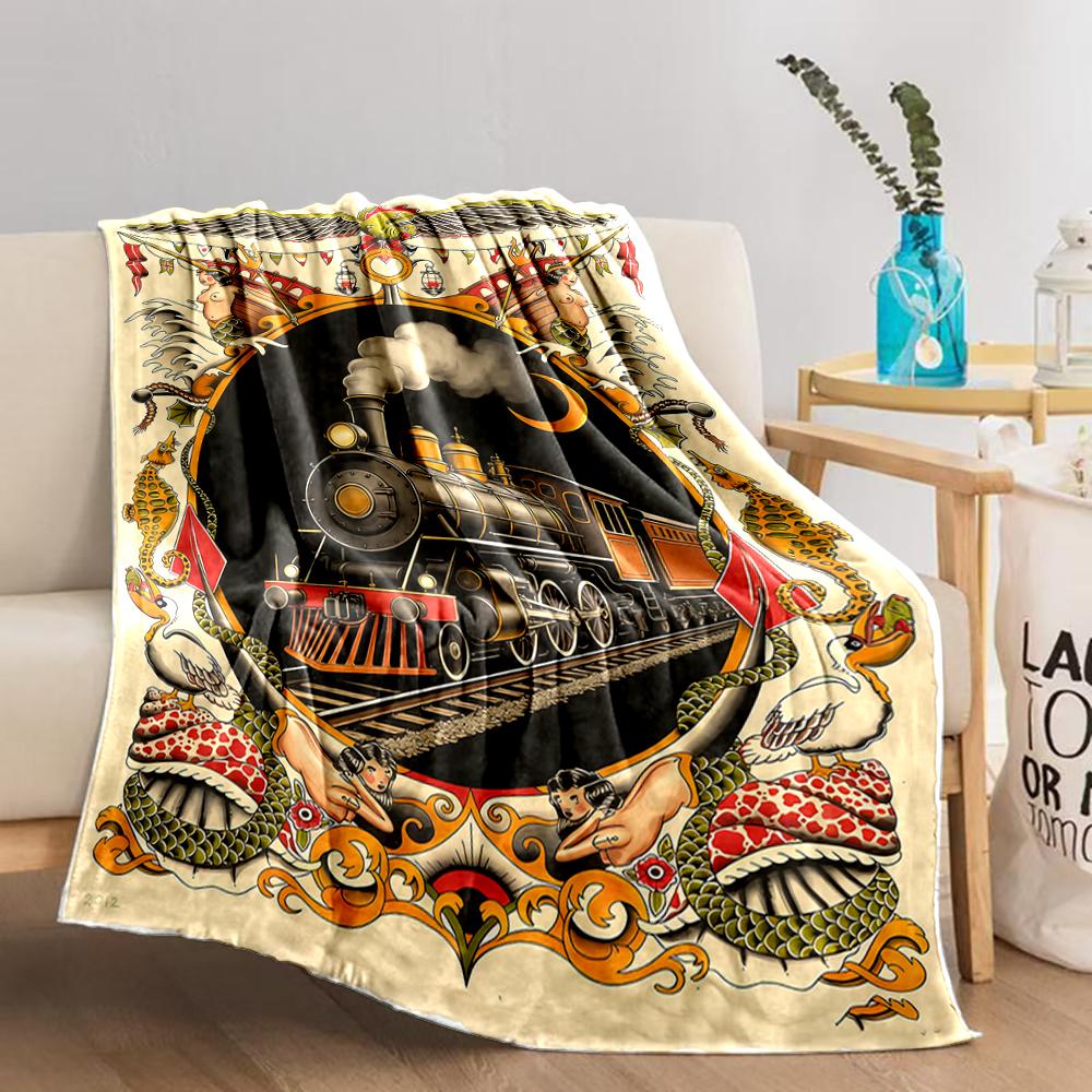 Vintage Train Pattern blanket with Colorful Ornamental Border Design blanket, suitable for use in the bedroom, living room, on the sofa