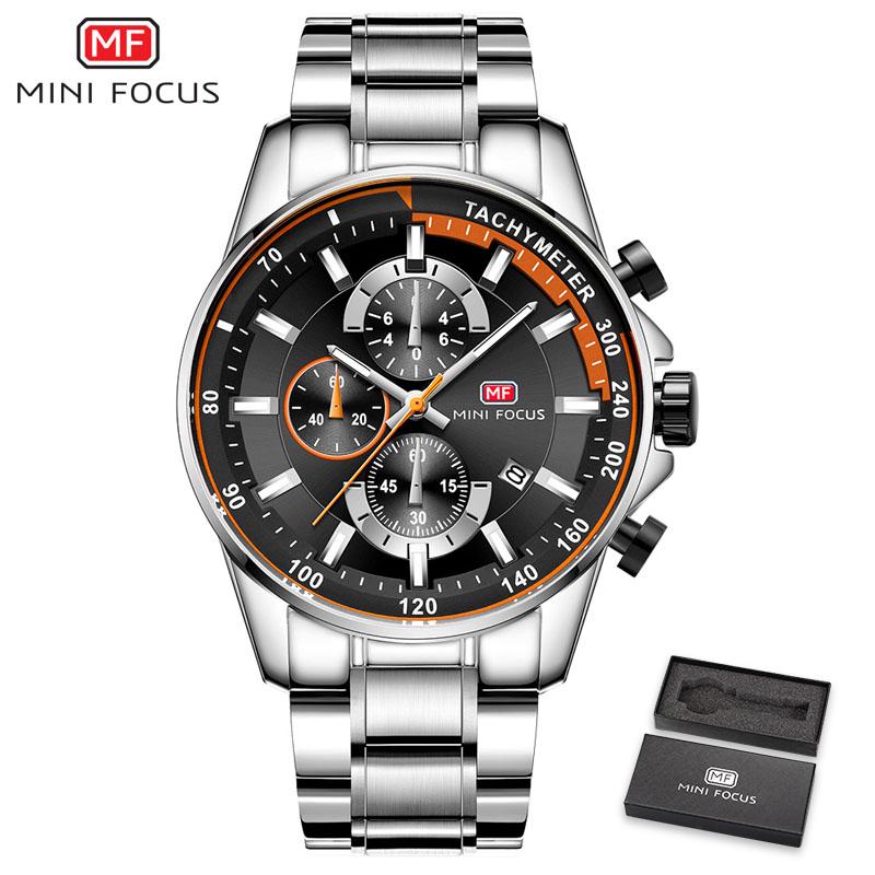 MINI FOCUS Men's Business Dress Watches Stainless Steel Luxury Waterproof Chronograph Quartz Wrist Watch Man Silver 0218G.03