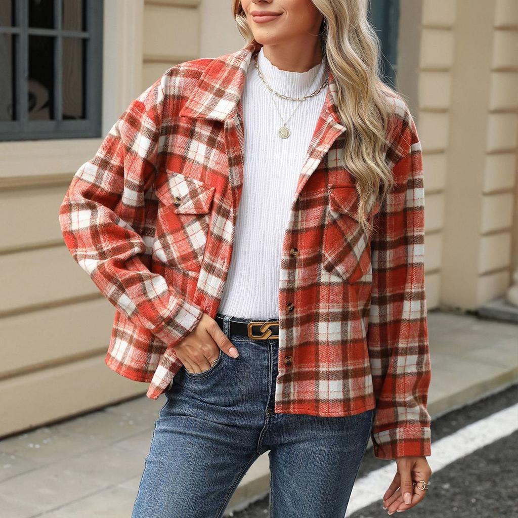 Женское и зимнее новое шерстяное пальто с длинным рукавом и карманами в клетку