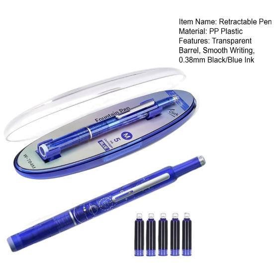 Retractable Fountain Pen Fine Nib Set 0.38mm Black/Blue Ink Transparent Barrel Pen with 5 Refillable Ink Cartridges for Sketching Journaling