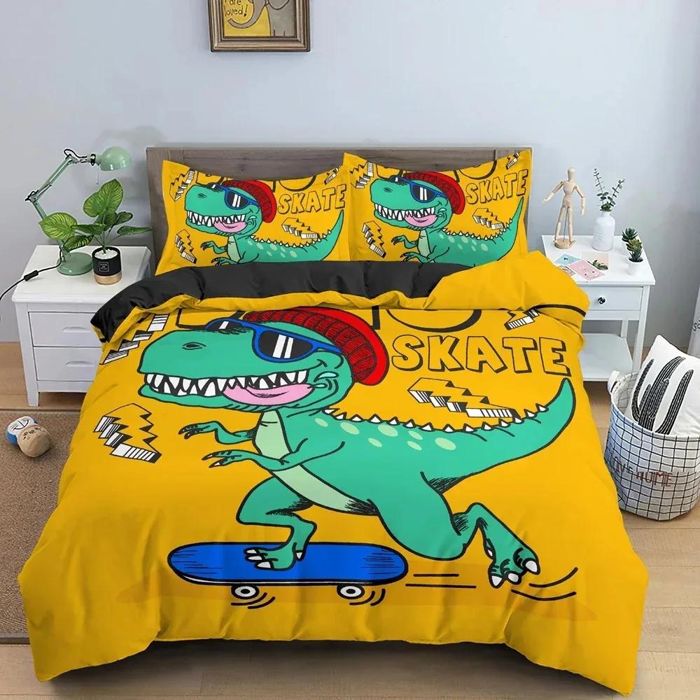 Cartoon Dinosaur Bedding Setfor Kid'S Bedroom Decor Duvet Cover King Queen Full Size Bedclothes Pillowcase Bed Set
