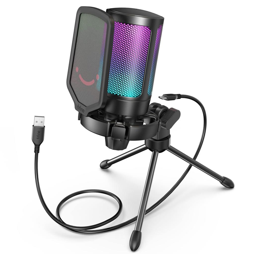 FIFINE USB Condenser Microphone Gaming Microphone RGB Lighting Distribution Microphone Cardioid Unidirectional Plug Play Microphone To Cable Included