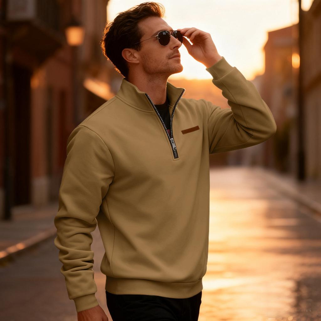 Men's Casual Loose Solid Color Outdoor Fleece Half Zip Stand Up Collar Pullover Hoodie