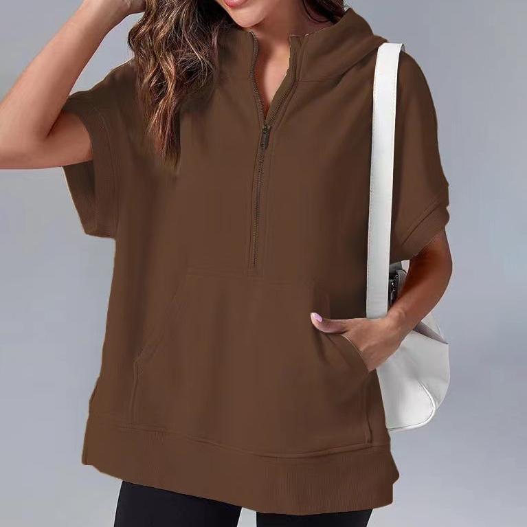 Весенняя женская однотонная модная повседневная толстовка с капюшоном и коротким рукавом