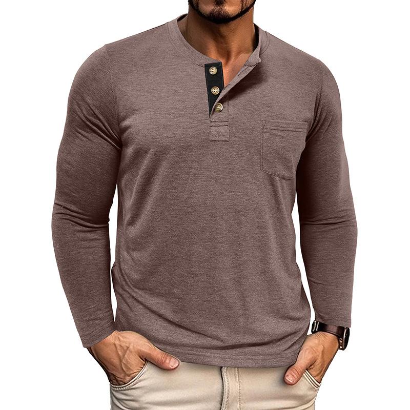 Мужская повседневная футболка-henley с длинным рукавом, color block