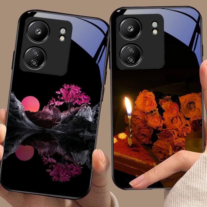 Красная Луна Розовое Дерево Для Xiaomi Redmi 13C Note13 12 Pro Plus 5G Note 9 13T Pro POCO X6 F5 F6 Черный Чехол из Закаленного Стекла