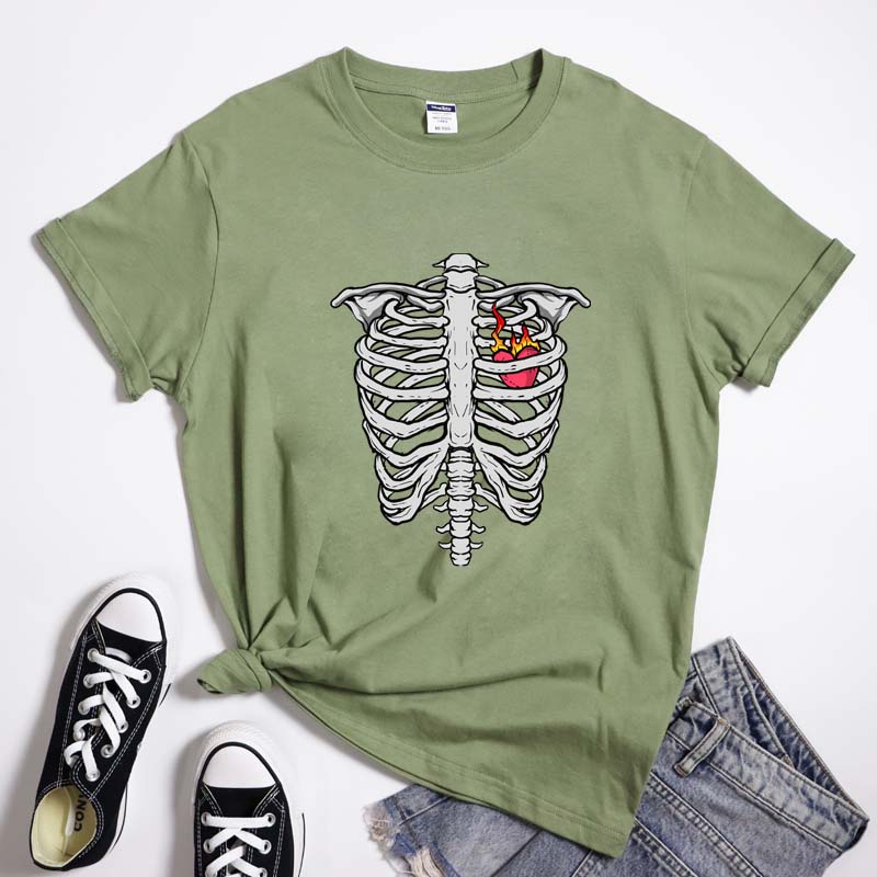 Gothic Skeleton Ribcage With Fireheart TShirt Apparel Aesthetic Unisex Heart Rib Cage Bones Tshirt Fantasy Y2k Goth Tee Top