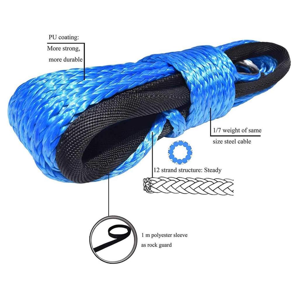 Winch Cable 4.8mmx15m Synthetic   5500lbs Breaking Strength Waterproof for ATV UTV Trailer