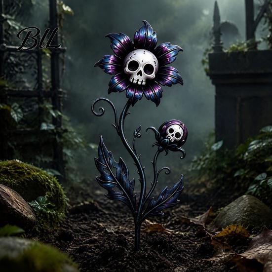 Weather Resistant Yard Signs Halloween Garden Stake, Waterproof Spooky Skull Flower Lawn Art, 2D Creepy Decorative Outdoor Decorations Metal