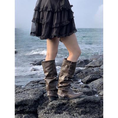 Женские коричневые западные ковбойские плиссированные присборенные сапоги до колена с острым носком