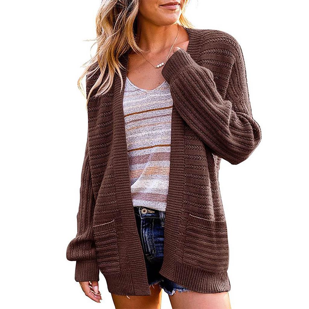 Women's Cardigan Solid Color Knit Sweater Cutout Knit Sweater Jacket With Pockets