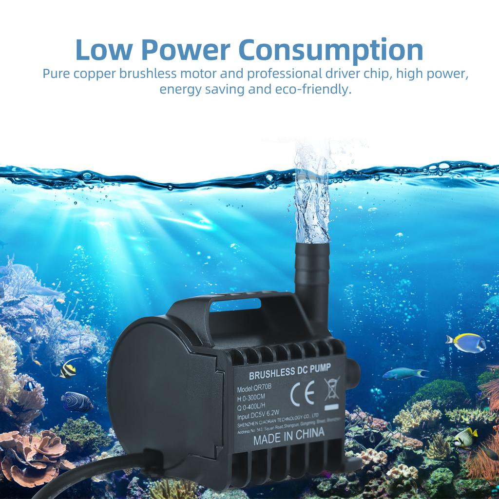 Submersible Water Pump Electric 600L H Small Fountain Pump with Max 7.2ft Lift, 6.5ft USB Cable and Suction Cup Base,