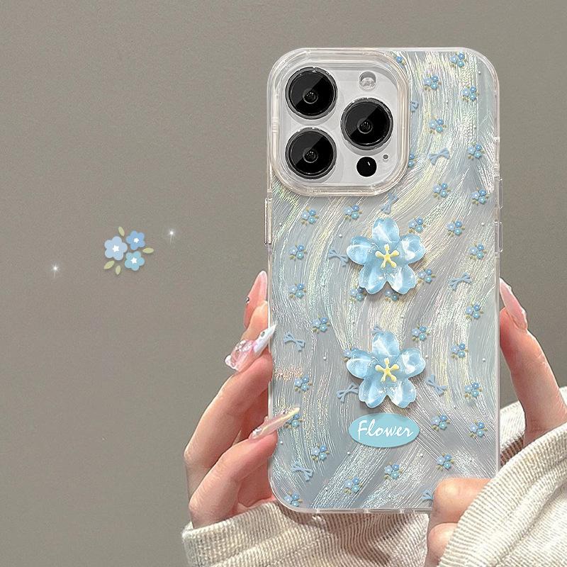 Подходит для Apple 14 Чехол для мобильного телефона Iphone15 Blue Floral Doll 13pro Feather Yarn Laser 11 Полный пакет Fresh X