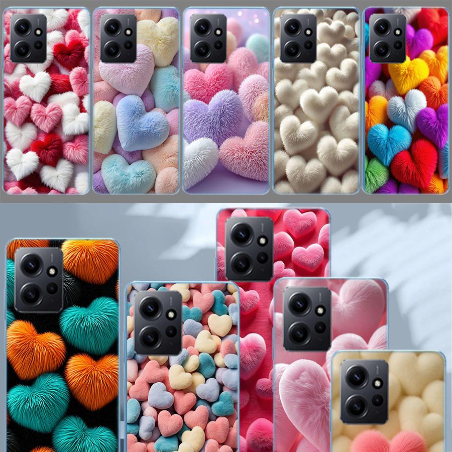 Furry Heart Phone Case For Redmi Note 14 15 Pro 5G 13 12 Pro Plus 11 11T 11E 11S 10 Pro 10S 9 9S Cover Cell Clear TPU Capa Compa
