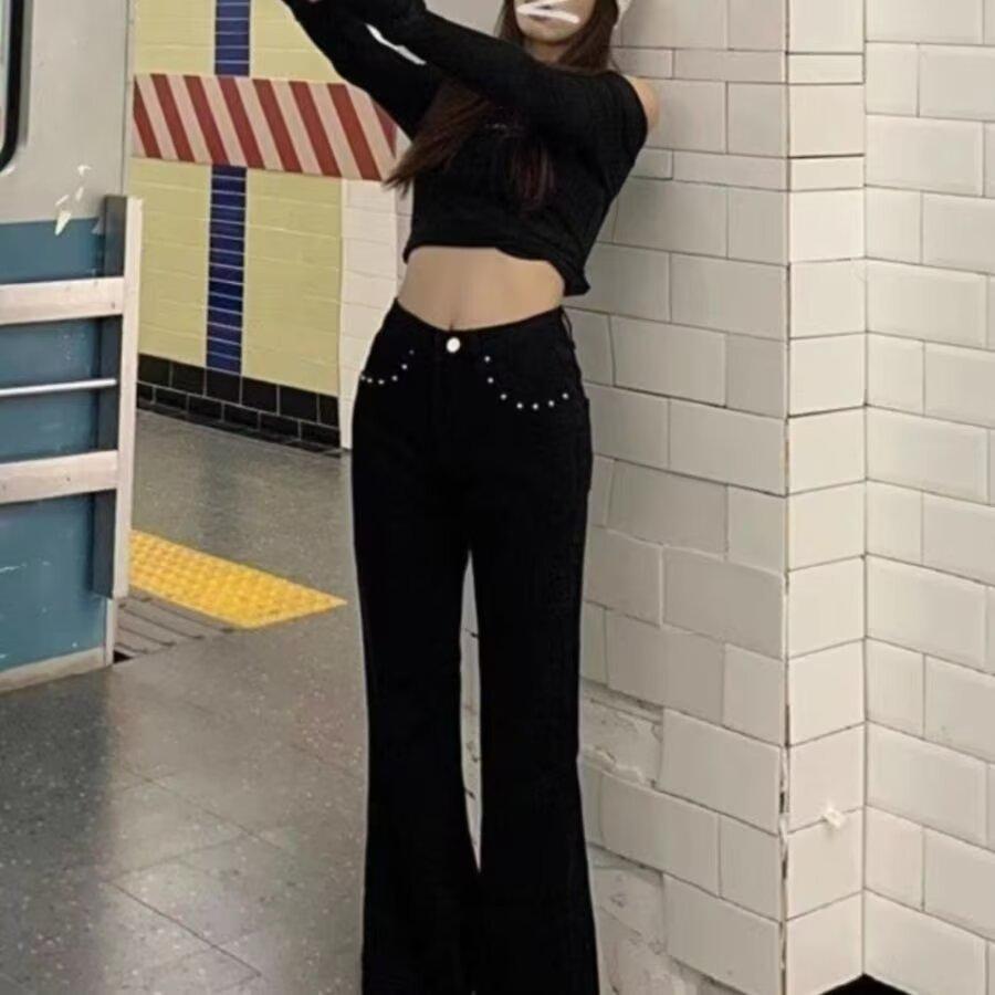 Женские черные джинсы с завышенной талией, стройнящие, микроклеш - Универсальный корейский стиль для весны и осени