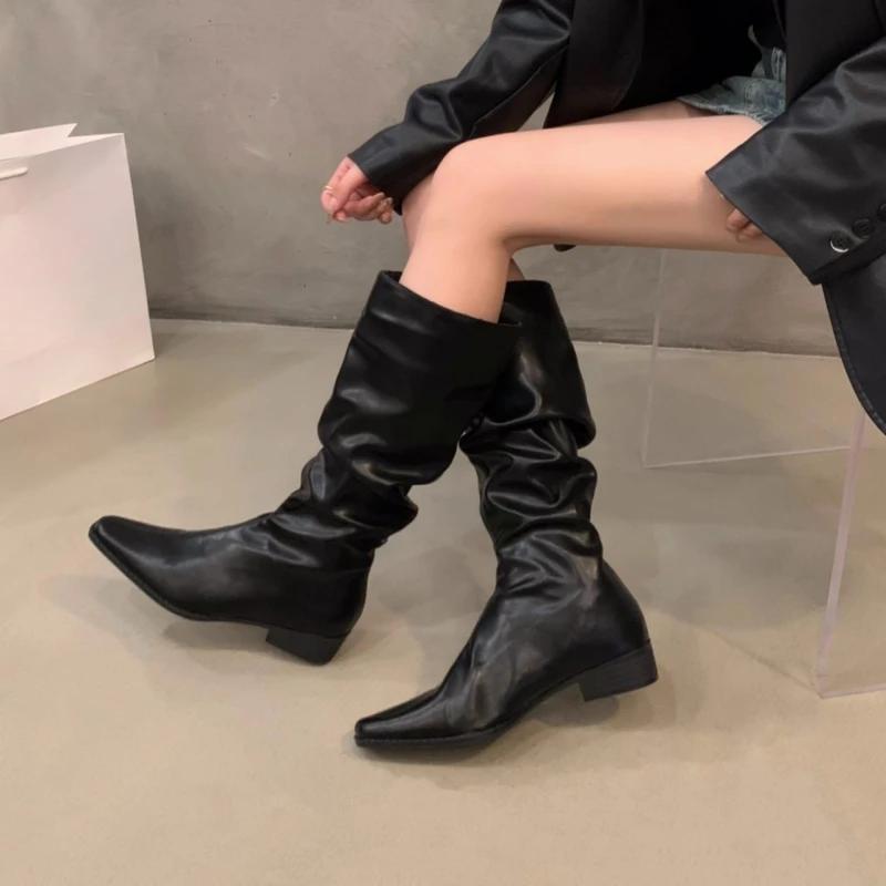 Весенне-осенние новые сапоги-ботфорты на толстом каблуке с отворотом, с острым носком, на низком каблуке, повседневные, элегантные, темпераментные, облегающие сапоги