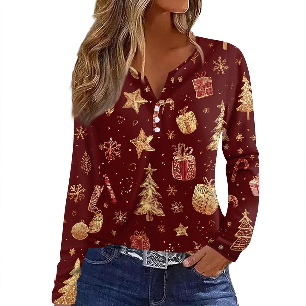 Женская футболка с рождественским принтом на пуговицах с длинным рукавом, повседневная, выходного дня, модная, базовая, с V-образным вырезом, обычная