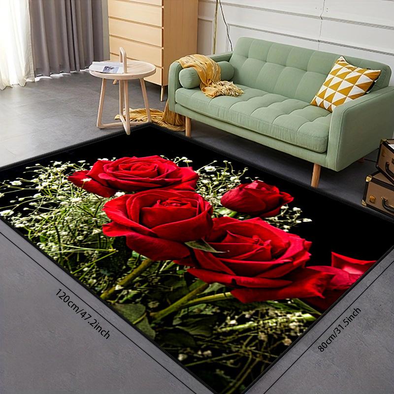 1Pcs Rose Pattern Floor Mat Modern Kitchen Polyester Rug Non-Slip Colorful Indoor Carpet, For Home Bathroom Bedroom Living Room Decor