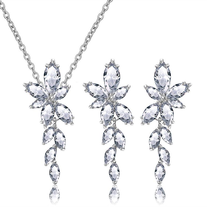 Luxury Fashion Zircon Copper 18k Gold Plated Pendant Necklace and Earrings Jewelry Set for Women