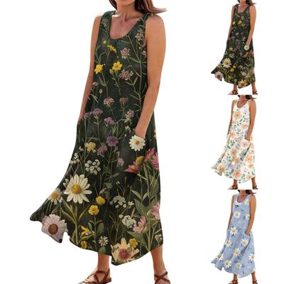 Женское летнее повседневное модное платье без рукавов с карманами и цветочным принтом