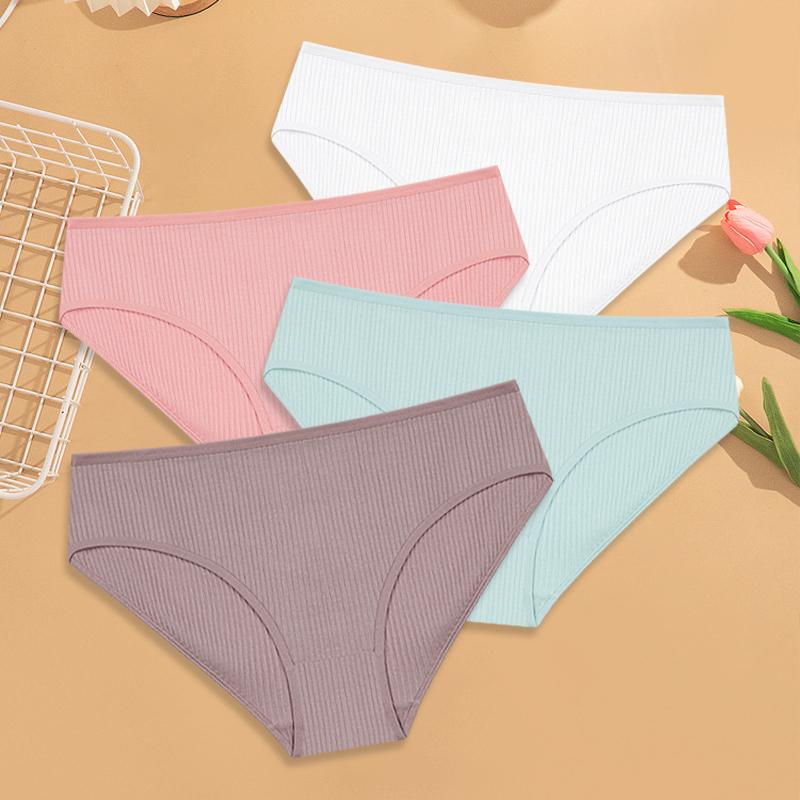 4Pcs Women's Cotton Ribbed Briefs Solid Breathable Elastic Underwear Sexy Simple Comfortable Panties Girls Soft Basics Lingerie