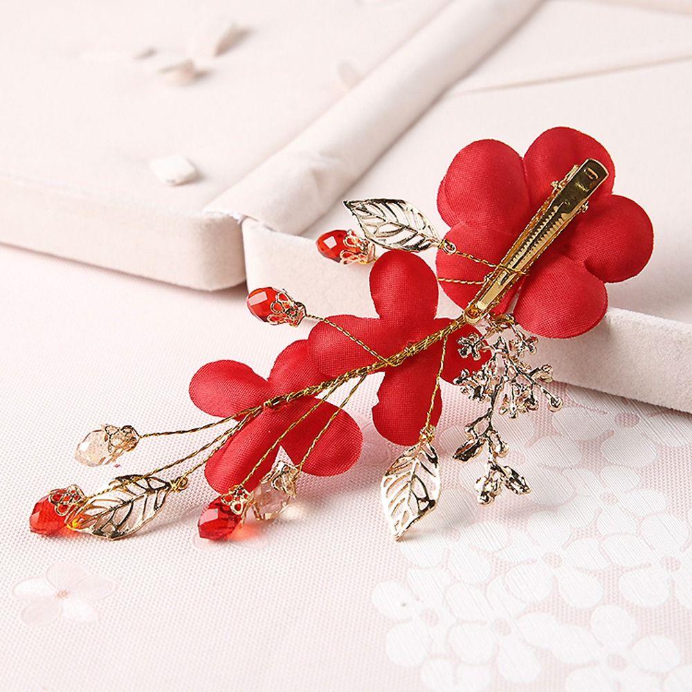 New Year Red Flower Festival Hairpins Women Barrettes Chinese Hanfu Hair Clips Duckbill Clips