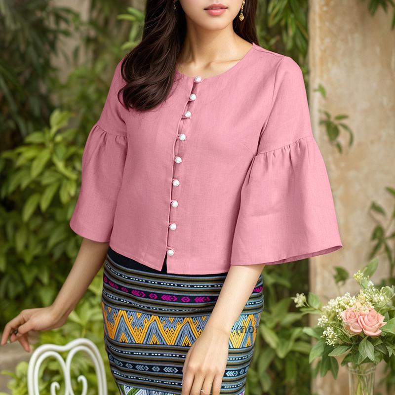 ZANZEA Женская повседневная однотонная блузка с круглым вырезом и рукавом 3/4